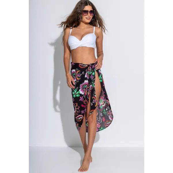 Crinkle Viscose Wrap Sarong Skirt - Black/Multi