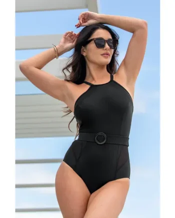 Shoreline High Neck Mesh Belted Control Swimsuit - Black