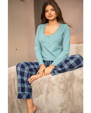Rib Jersey Lace Trim Henley Top and Check Trouser Pyjama Set - Navy/Light Teal
