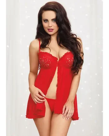 Dreamgirl Rhinestone Embellished Ruffled Babydoll And Brief