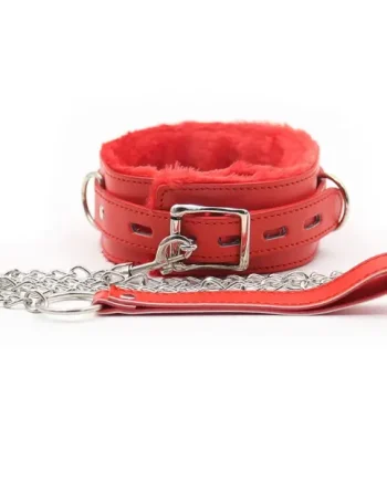 Red Leather Collar With Leash, Universal Size