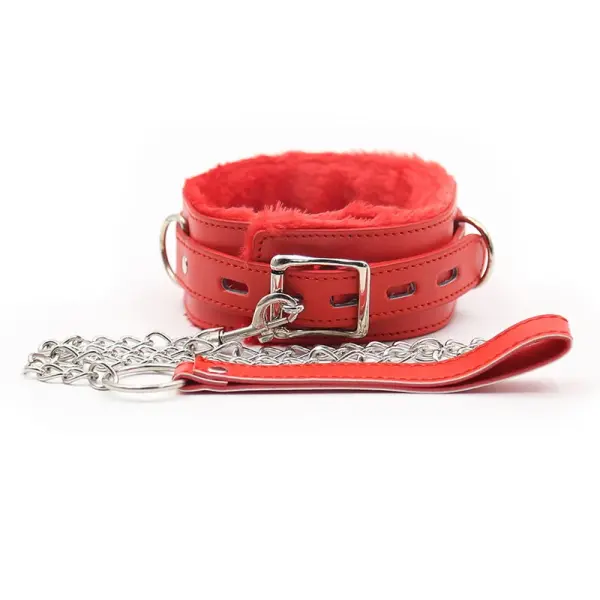 Red Leather Collar With Leash, Universal Size