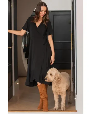 Megan Fuller Bust Slinky Jersey Frill Detail Midi Wrap Dress - Black