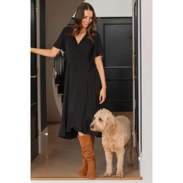 Megan Fuller Bust Slinky Jersey Frill Detail Midi Wrap Dress - Black