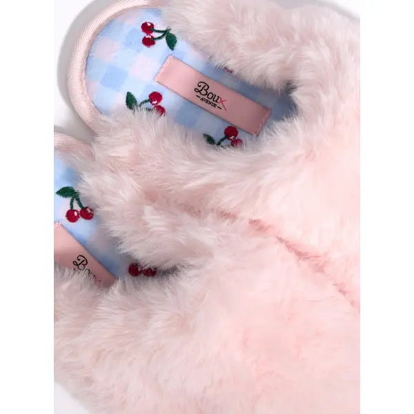Plush cherry embroidered sole mule slippers