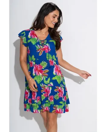 Gracie Crinkle Frill Swing Beach Dress - Ultramarine/Pink