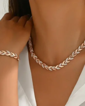Rose Gold Crystal Linked Bracelet Necklace Set