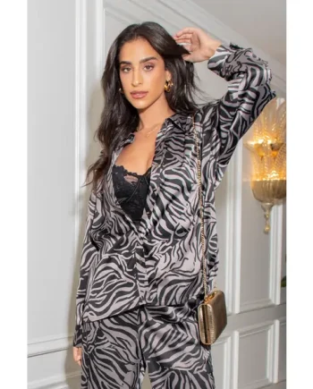 Rena Satin Oversized Long Sleeve Co-Ord Shirt - Black/Silver