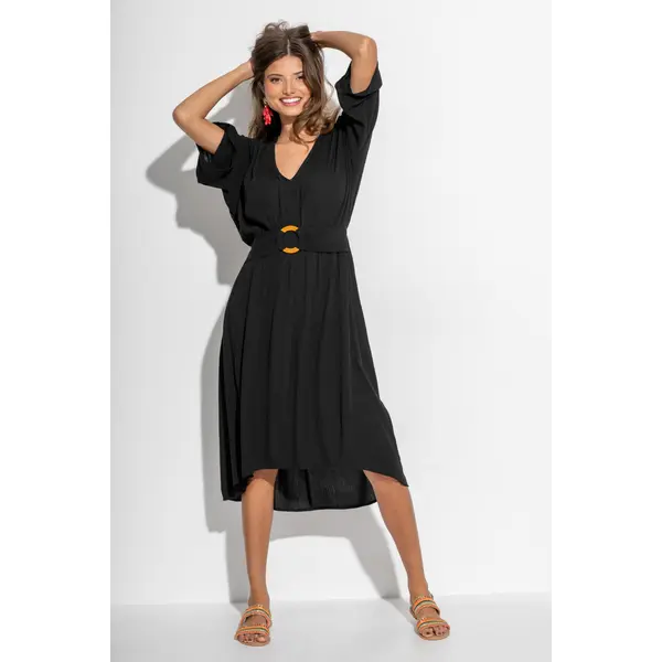Crinkle O-Ring Midi Beach Kaftan - Black