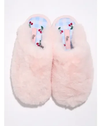 Plush cherry embroidered sole mule slippers