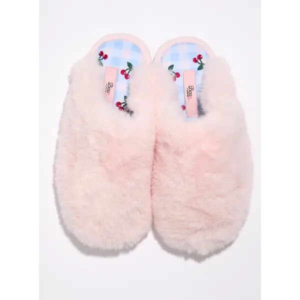 Plush cherry embroidered sole mule slippers