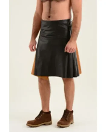 Cowhide Leather Kilt - Dark Brown Leather & Tan Jeans Pleats