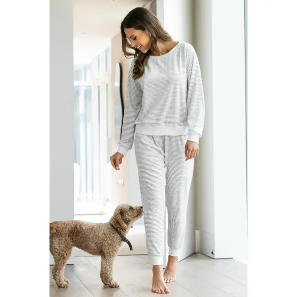 Cosy Fleece Sweatshirt and Jogger Pyjama Set - Grey/White