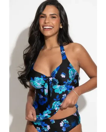 Portofino Underwired Halter Tankini Top - Black Floral