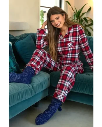 Cosy Check Pyjama & Sock Gift Bundle - Red/Navy/White