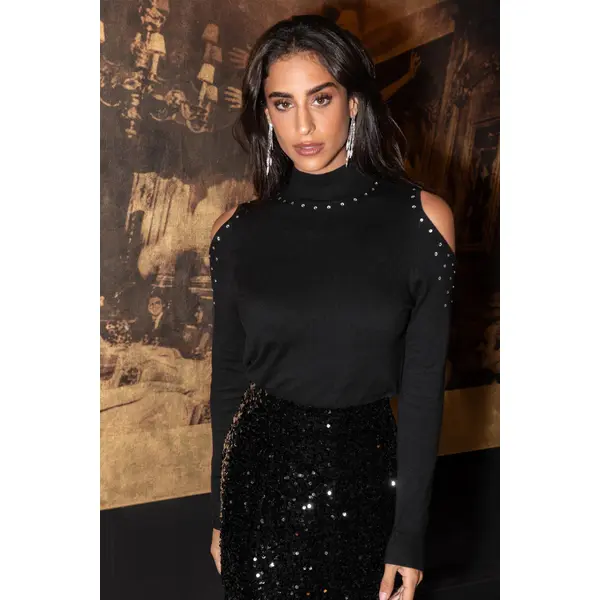 Scarlett Hot Fix Cut Out Fine Knit Jumper - Black/Silver
