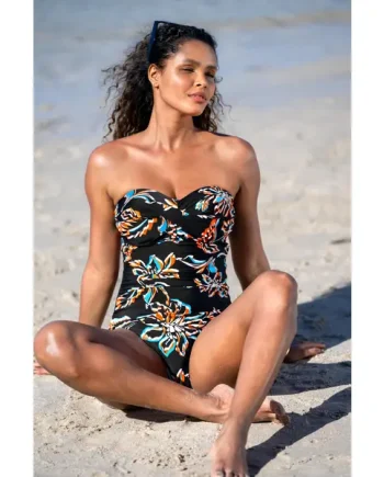 Santa Monica Strapless Tummy Control Swimsuit - Black/Orange/Blue