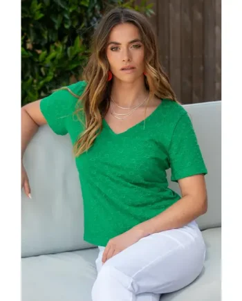 Niamh Broderie Cotton Jersey V-Neck T-Shirt - Green