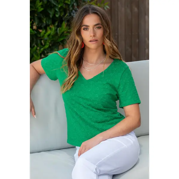 Niamh Broderie Cotton Jersey V-Neck T-Shirt - Green