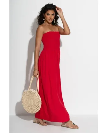 Emma Strapless Shirred Bodice Maxi Beach Dress - Red