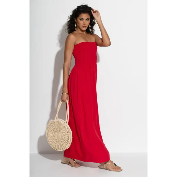 Emma Strapless Shirred Bodice Maxi Beach Dress - Red