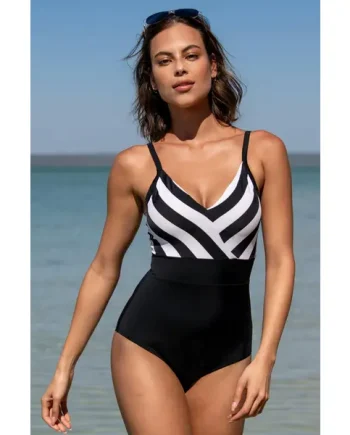 High Line V Neck Tummy Control Swimsuit - Black/White