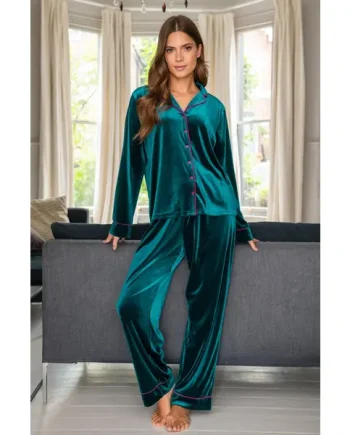 Velour Contrast Trim Pyjama Set - Teal/Pink