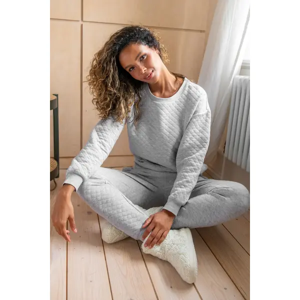 Quilted Lounge Sweatshirt and Jogger Co-Ord Set - Grey Marl