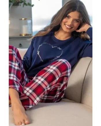 Pour Moi Logo Sweatshirt Cosy Check Pyjama Set - Navy/Red/White