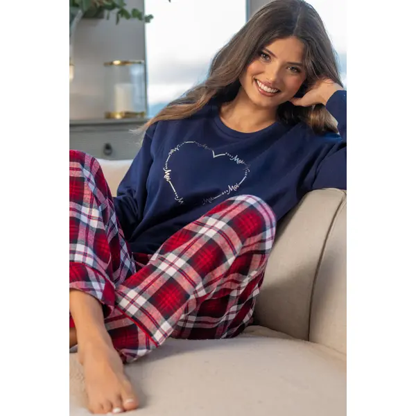 Pour Moi Logo Sweatshirt Cosy Check Pyjama Set - Navy/Red/White