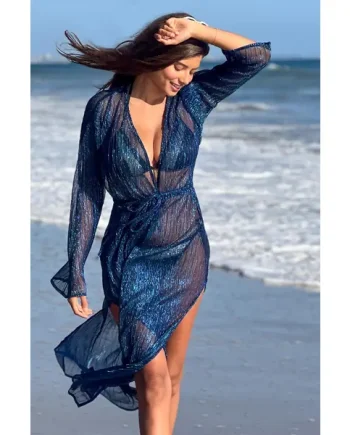 Metallic Plisse Maxi Kimono - Blue/Black