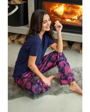 Pure Cotton T-shirt & Trouser Pyjama Set - Navy/Pink