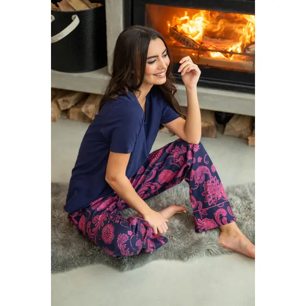 Pure Cotton T-shirt & Trouser Pyjama Set - Navy/Pink