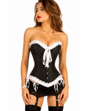 Black Satin Full Steel Boned White Frilled Corset