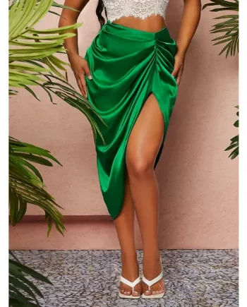 Ruched Asymmetrical Hem Satin Skirt