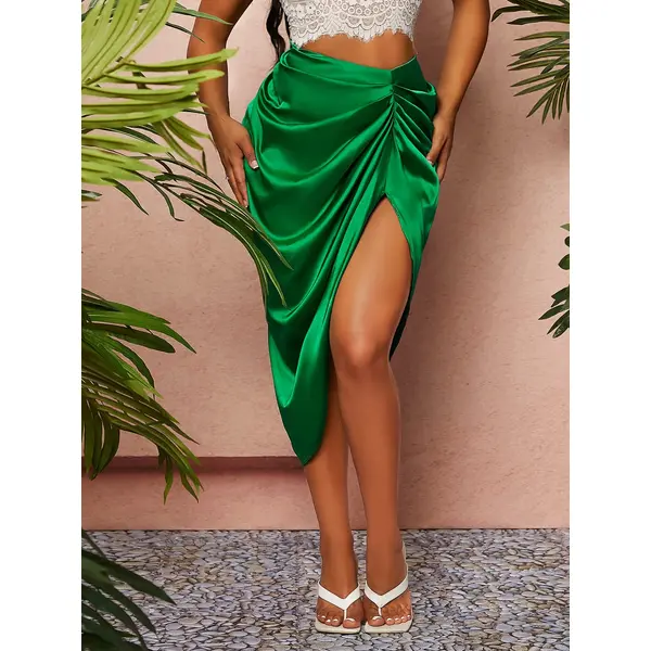 Ruched Asymmetrical Hem Satin Skirt