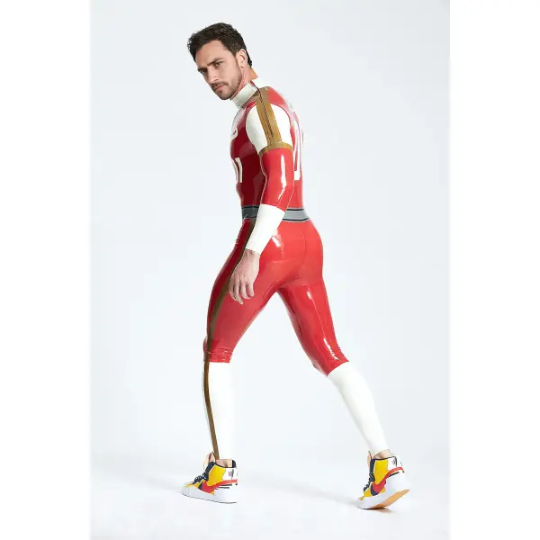 Latex Male Leaguers Baseball Look Shoulder Zip Catsuit