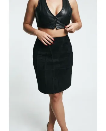 Knee Length Black Suede Leather Skirt