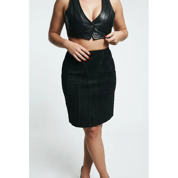 Knee Length Black Suede Leather Skirt