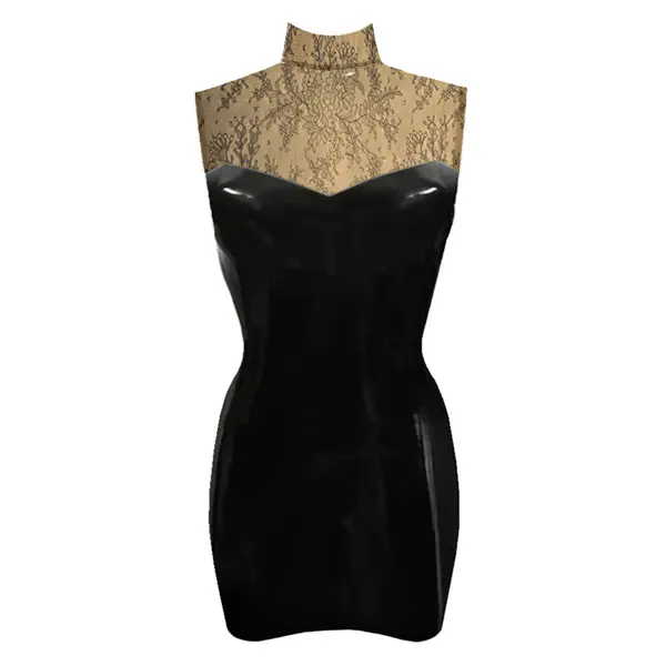 Latex Sweetheart Mini Dress in black and semi-trans cloud lace