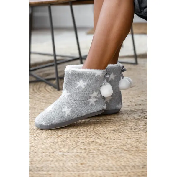 Star Knit Faux Fur Lined Bootie Slipper - Grey/Ivory