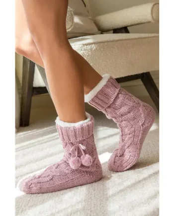 Cosy Cable Knit Lined Slipper Sock - Pink