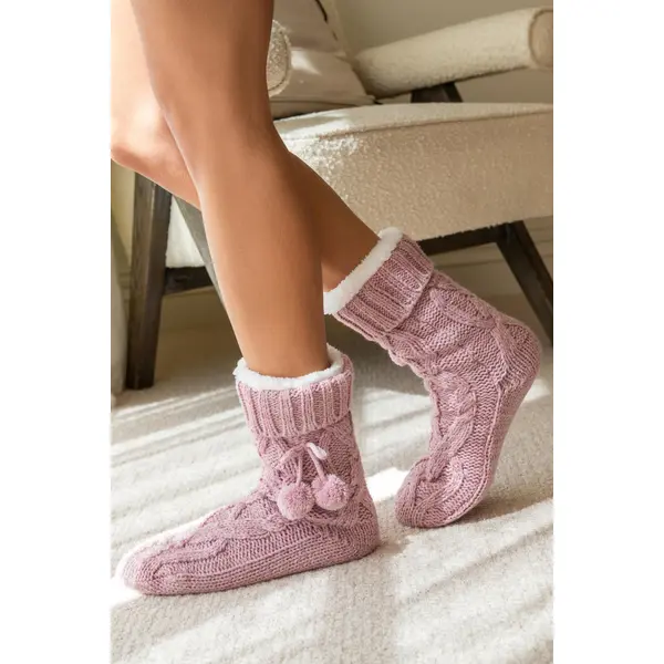 Cosy Cable Knit Lined Slipper Sock - Pink