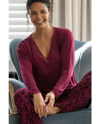 Brushed Rib Lace Trim V-Neck Lounge Pyjama Set - Berry Leopard