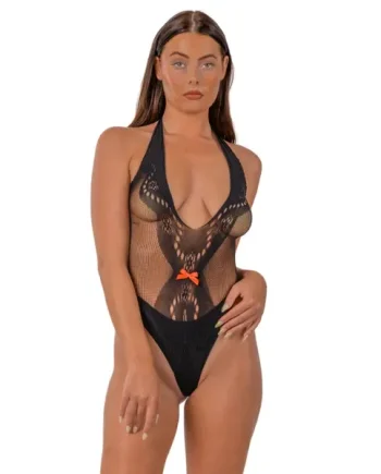 Lace by LJ Deep V Teddy with Bow Black
