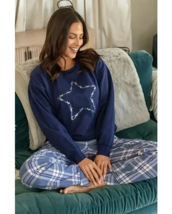 Pour Moi Logo Sweatshirt Cosy Check Pyjama Set - Steel Blue/Navy