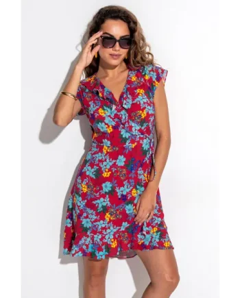 Penny Frill Wrap Beach Dress - Red Floral