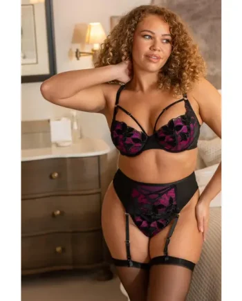 Icon Velvet Deep Suspender - Black/Fuchsia