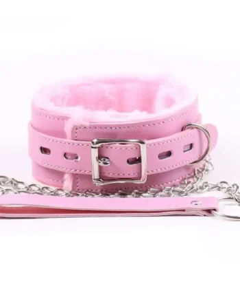 Pink Leather Collar With Leash, Universal Size