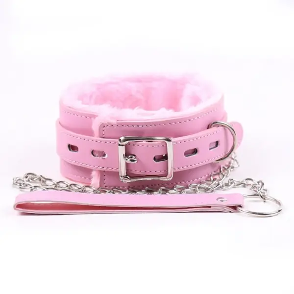 Pink Leather Collar With Leash, Universal Size